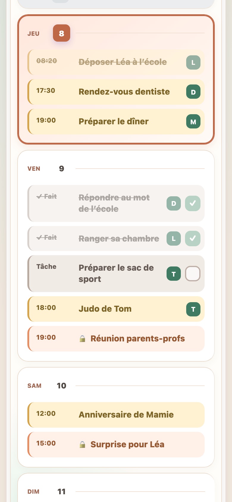 Le planning de la semaine dans Famélio