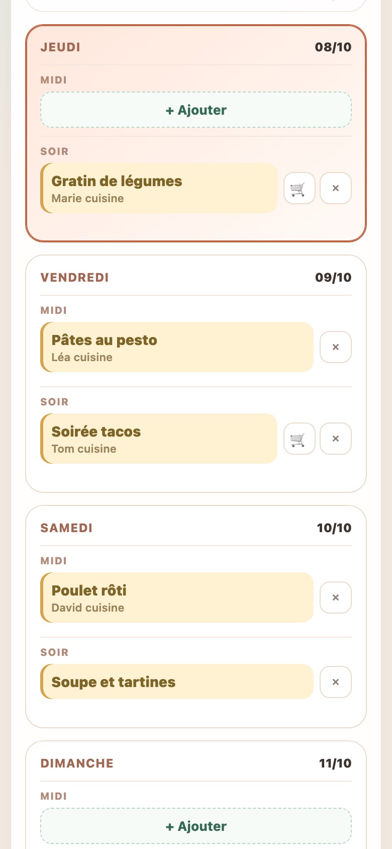 Le planning des repas dans Famélio